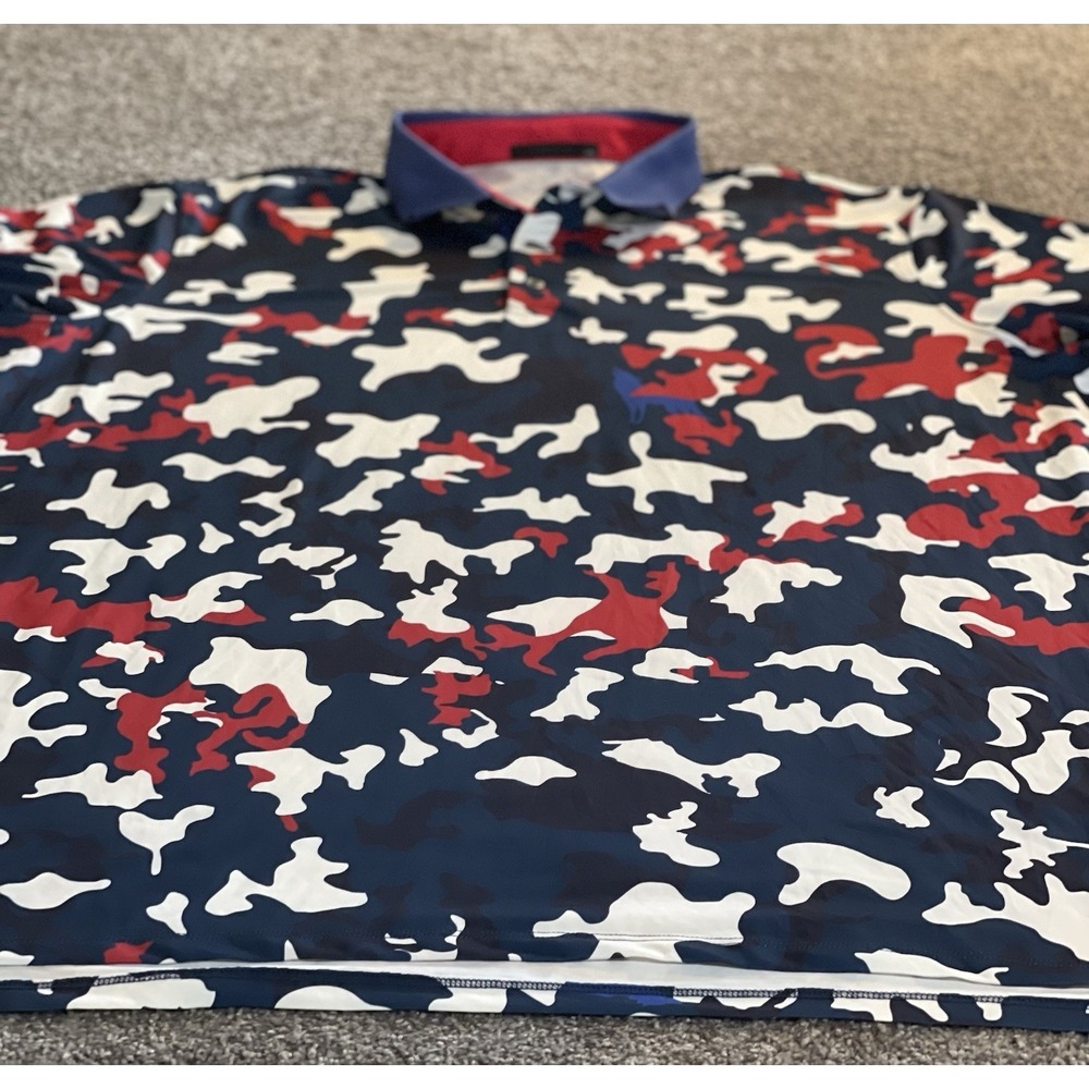 Greyson Mens XXL Polo Shirt Red White Blue Camo Wolf Performance Golf Top XXL